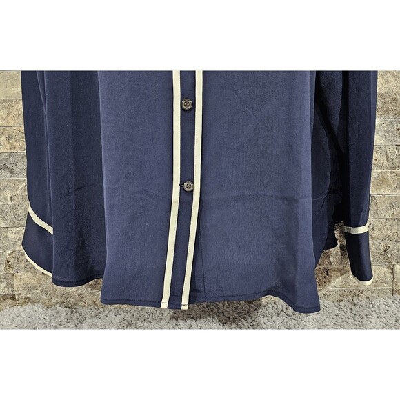 RARE 100% silk J.Crew Classic Fit Button Up Shirt Womens 18 Navy Blue White Trim - Picture 5 of 15